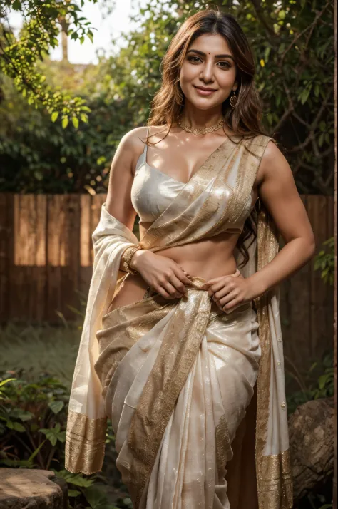 Nsfw. walking in a moonlit courtyard, forest background, mythical forest, huge trees, exotic girl, indian, vivacious, looking at the viewer, shining skin, perfect lighting, the embodiment of grace and elegance, provocative pose, smiling seductively, (saree...