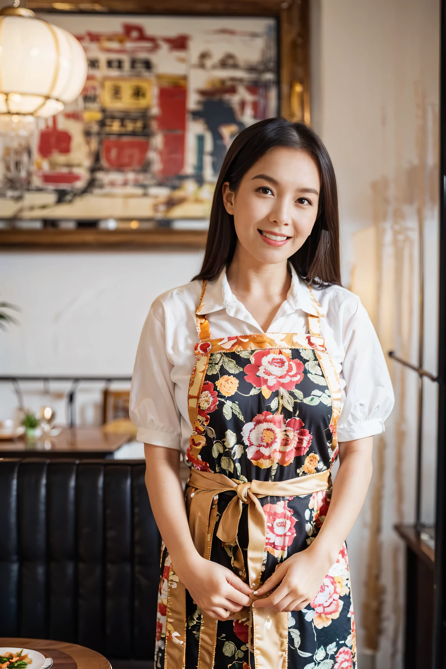 （Super fine，fidelity：1.37），portrait，Chinese restaurant owner，black hair，brown eyes，delicate lips，Put on an apron，confident smile，Neat appearance，Chinese traditional spring clothing，floral pattern，Standing in a brightly lit restaurant，antique wooden furniture，Elaborately carved decoration，Chinese traditional elements，Beautifully painted porcelain plates and teapots，Authentic Chinese cuisine，Vibrant color palette，Defocused lights in the background create a warm and inviting atmosphere