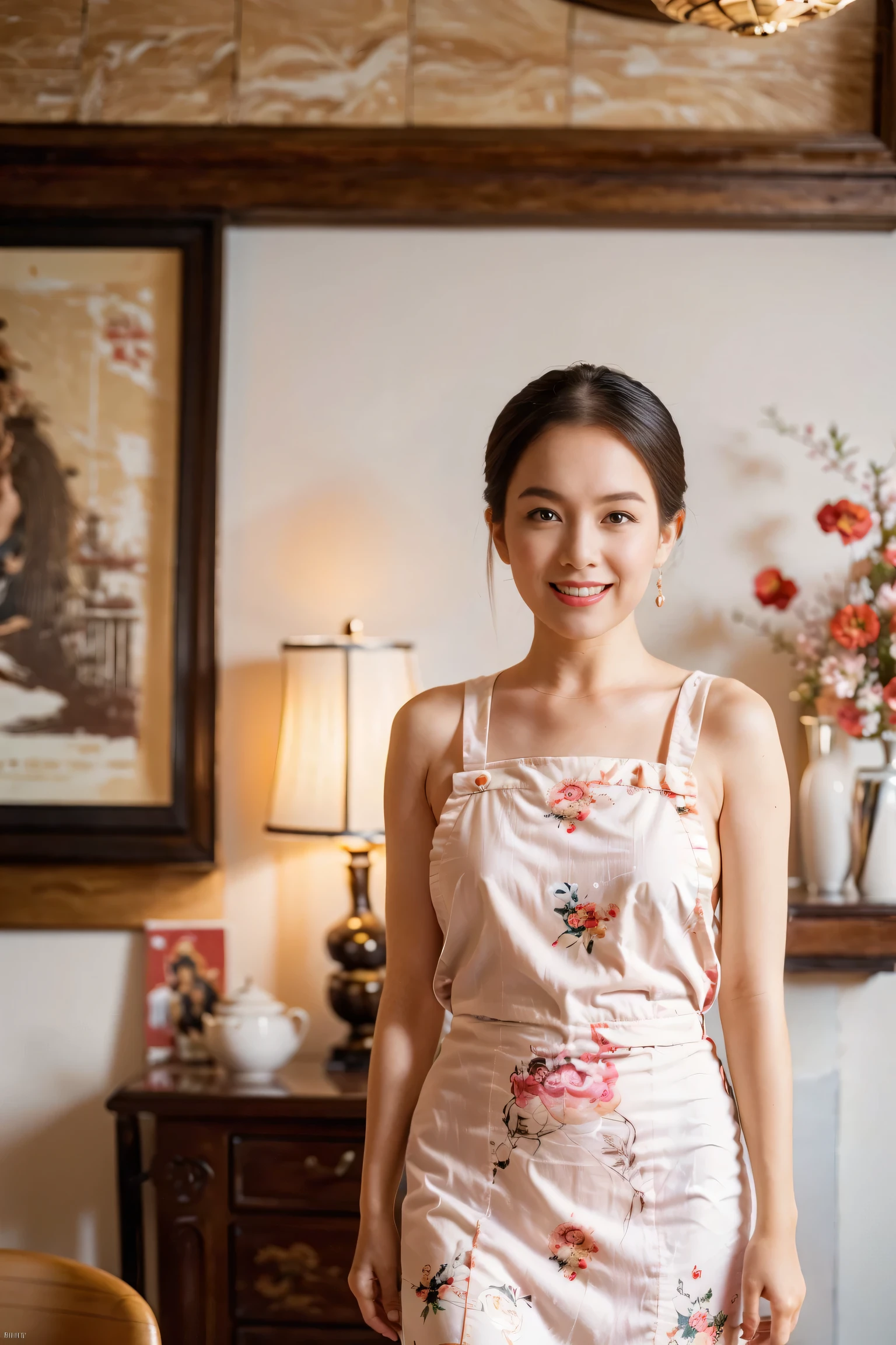 （Super fine，fidelity：1.37），portrait，Chinese restaurant owner，black hair，brown eyes，delicate lips，Put on an apron，confident smile，Neat appearance，Chinese traditional spring clothing，floral pattern，Standing in a brightly lit restaurant，antique wooden furniture，Elaborately carved decoration，Chinese traditional elements，Beautifully painted porcelain plates and teapots，Authentic Chinese cuisine，Vibrant color palette，Defocused lights in the background create a warm and inviting atmosphere