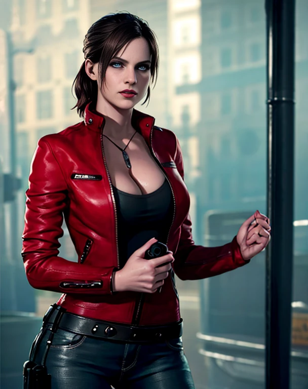 hay una mujer con una chaqueta roja sosteniendo una pistola, Inspirado en Resident Evil, estilo de arte realista, fotorrealista artstyle, estación de arte deviantart cgscosiety, La glamorosa Jill Valentine, 🌺 sociedad, fotorrealista dark concept art, arte conceptual fotorrealista, sociedad - w 1 0 2 4 - n 8 - i, fotorrealista!!!!!!! Estilo de Arte