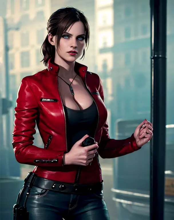 hay una mujer con una chaqueta roja sosteniendo una pistola, Inspirado en Resident Evil, realistic art style, fotorrealista arts...