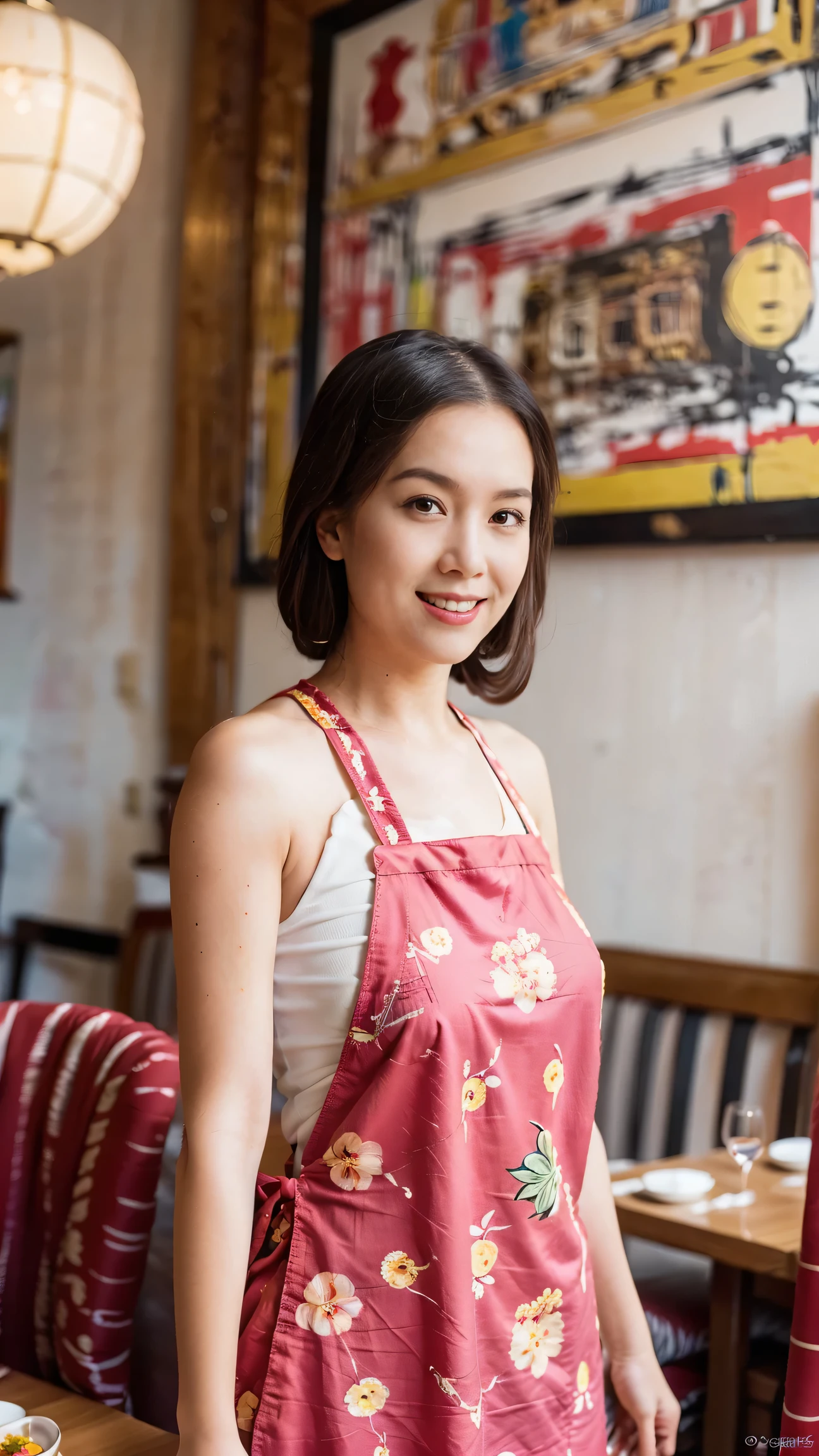 （Super fine，fidelity：1.37），portrait，Chinese restaurant owner，black hair，brown eyes，delicate lips，Put on an apron，confident smile，Neat appearance，Chinese traditional spring clothing，floral pattern，Standing in a brightly lit restaurant，antique wooden furniture，Elaborately carved decoration，Chinese traditional elements，Beautifully painted porcelain plates and teapots，Authentic Chinese cuisine，Vibrant color palette，Defocused lights in the background create a warm and inviting atmosphere