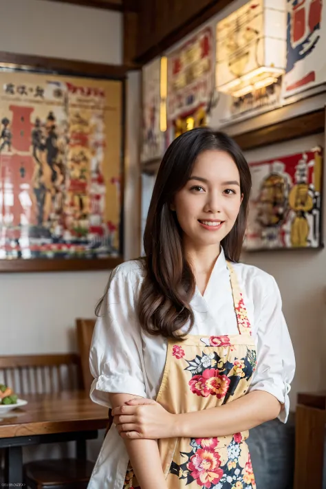 （super fine，fidelity：1.37），portrait，chinese restaurant owner，black hair，brown eyes，delicate lips，put on an apron，confident smile...