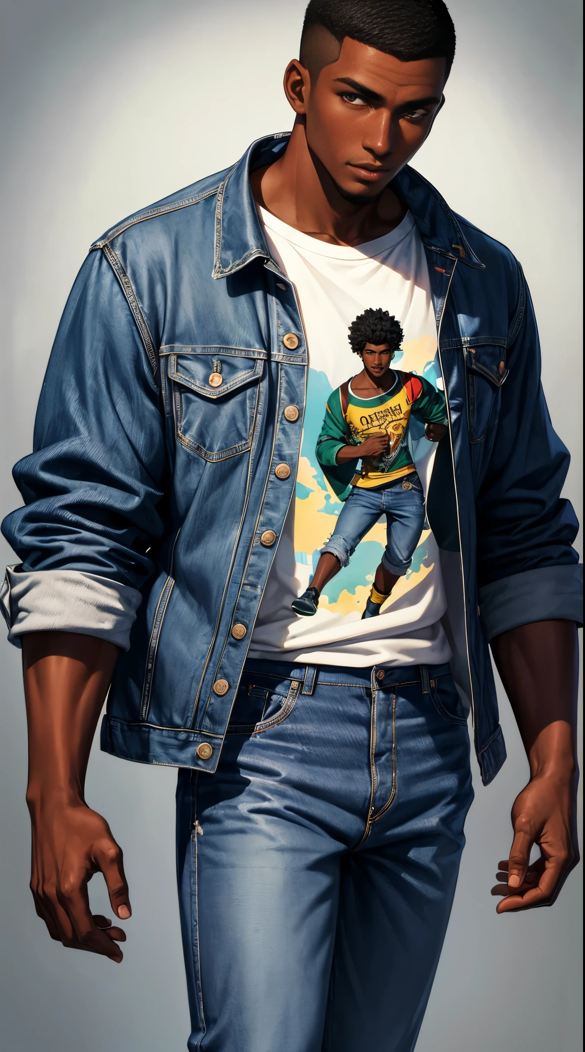 (best quality:1.1),original, 1man,  A handsome man with dark skin, African American man with natural hair, short hair, buzzcut, ebony nose, broad shoulders, tall, masculine, baggy urban clothes and demin jeans, cartoon，anime illustrations, style is abstract beauty, Sundaratang, charming character illustrations, folklore  --ar 2:3 --v 6.0 