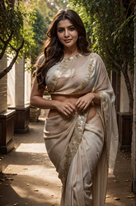 Nsfw. walking in a moonlit courtyard, forest background, mythical forest, huge trees, exotic girl, indian, vivacious, looking at the viewer, shining skin, perfect lighting, the embodiment of grace and elegance, provocative pose, smiling seductively, (saree...