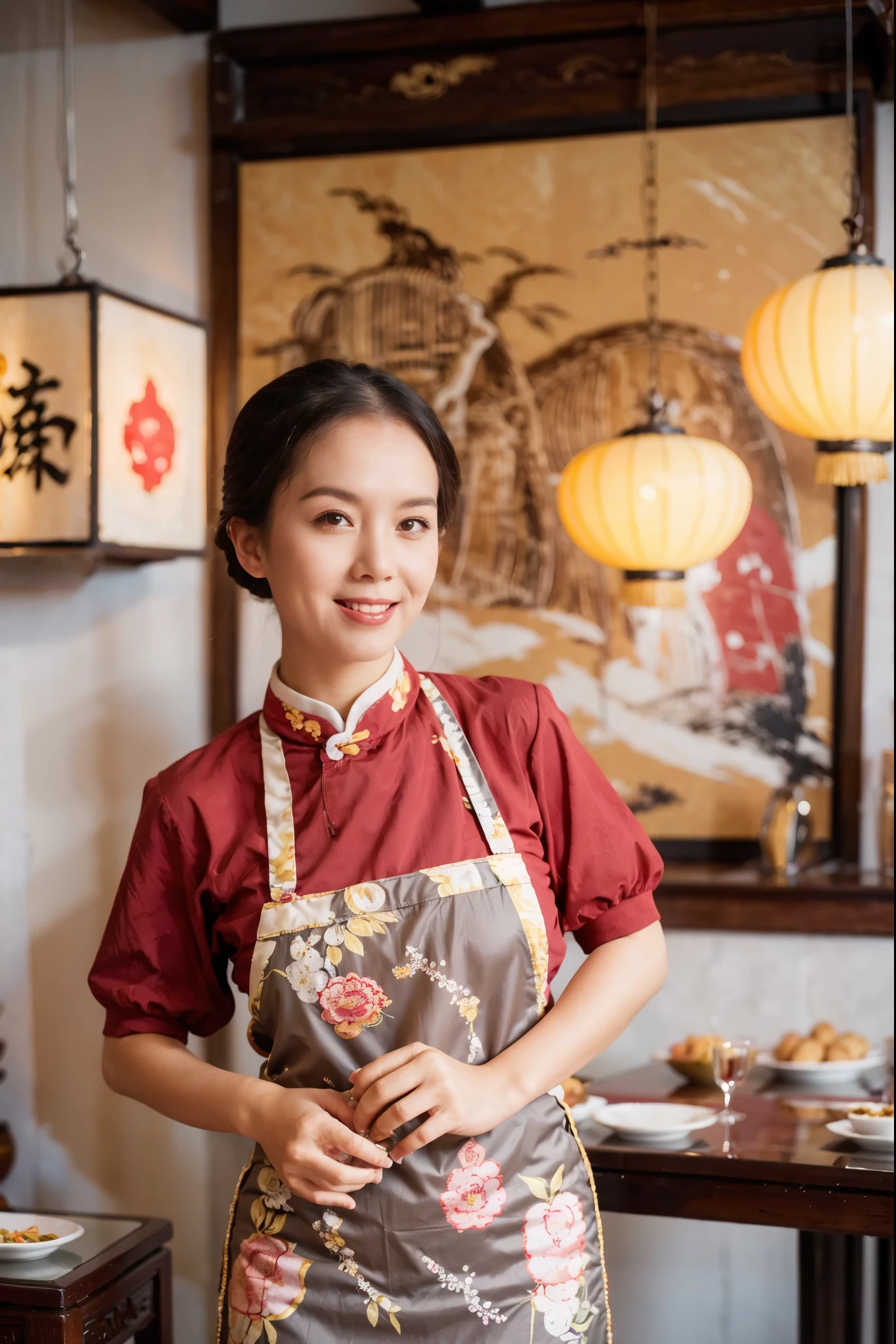 （Super fine，fidelity：1.37），portrait，Chinese restaurant owner，black hair，brown eyes，delicate lips，Put on an apron，confident smile，Neat appearance，Chinese traditional spring clothing，floral pattern，Standing in a brightly lit restaurant，antique wooden furniture，Elaborately carved decoration，Chinese traditional elements，Beautifully painted porcelain plates and teapots，Authentic Chinese cuisine，Vibrant color palette，Defocused lights in the background create a warm and inviting atmosphere