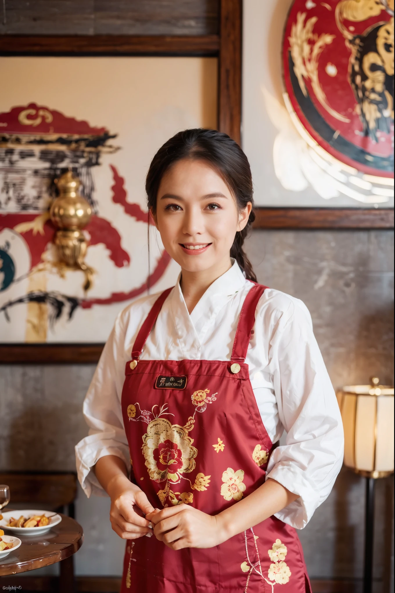 （Super fine，fidelity：1.37），portrait，Chinese restaurant owner，dark hair，brown eyes，delicate lips，Tie an apron，confident smile，well groomed appearance，Chinese traditional spring clothes，floral pattern，Standing in a brightly lit restaurant，antique wooden furniture，Elaborately carved decoration，Chinese traditional elements，Beautifully painted porcelain plates and teapots，Authentic Chinese cuisine，Vibrant color palette，Defocused lights in the background create a warm and inviting atmosphere
