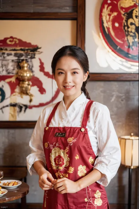 （super fine，fidelity：1.37），portrait，chinese restaurant owner，dark hair，brown eyes，delicate lips，tie an apron，confident smile，wel...