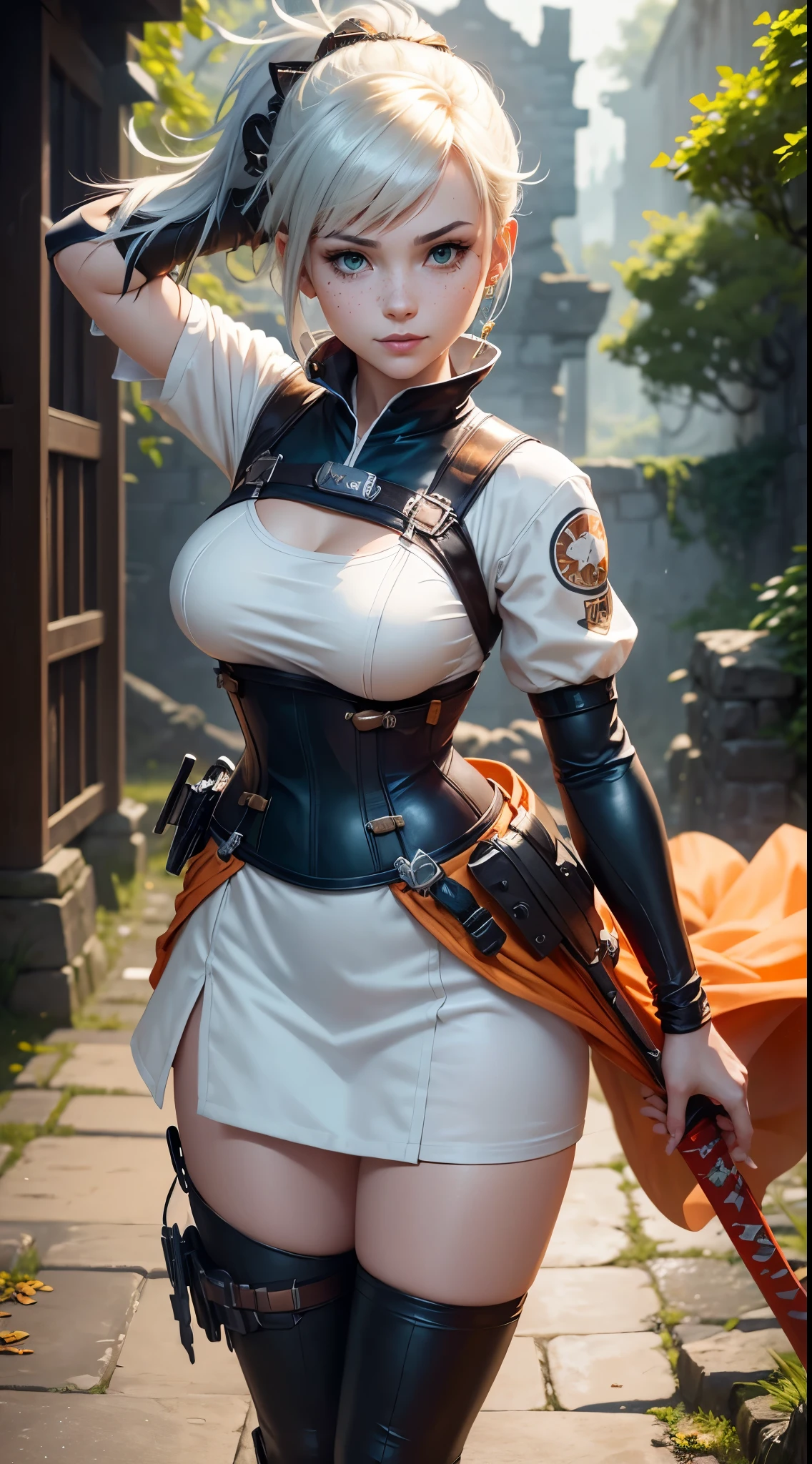 A woman in a cosplay outfit holding a sword and a bird - SeaArt AI