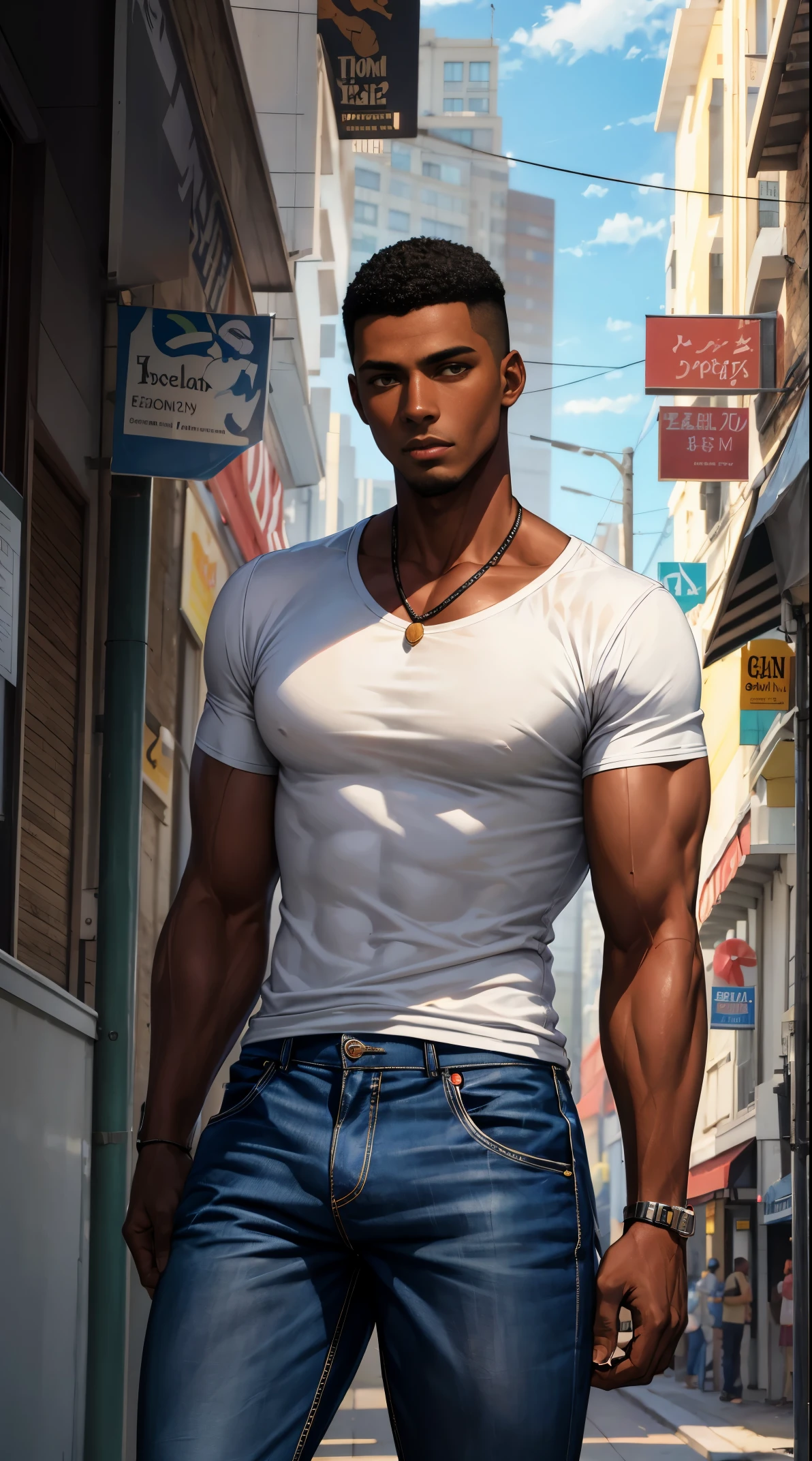 (best quality:1.1),original, 1man,  A handsome man with dark skin, African American man with natural hair, short hair, buzzcut, ebony nose, broad shoulders, tall, masculine, baggy urban clothes and demin jeans, cartoon，anime illustrations, style is abstract beauty, Sundaratang, charming character illustrations, folklore  --ar 2:3 --v 6.0 