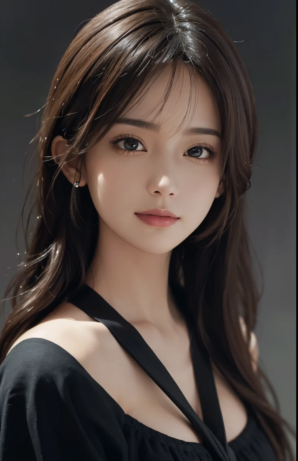 (Ultra Realistic), (Illustration), (Increased Resolution), (8K), (Extremely Detailed), (Best Illustration), (Beautiful and Detailed Eyes), (Best Quality), (Ultra Detailed), (Masterpiece ), ( wallpaper), (detailed face), solo, 1 girl, looking at viewer, fine details, detailed face, in the dark, deep shadows, low key, pureerosfaceace_v1, smiling, long hair, black shawl straight hair , 46 points oblique bangs