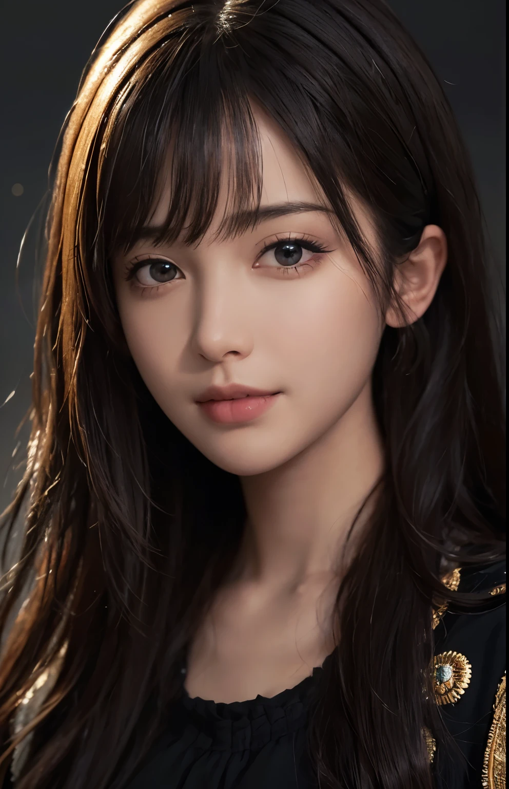 (Ultra Realistic), (Illustration), (Increased Resolution), (8K), (Extremely Detailed), (Best Illustration), (Beautiful and Detailed Eyes), (Best Quality), (Ultra Detailed), (Masterpiece ), ( wallpaper), (detailed face), solo, 1 girl, looking at viewer, fine details, detailed face, in the dark, deep shadows, low key, pureerosfaceace_v1, smiling, long hair, black shawl straight hair , 46 points oblique bangs