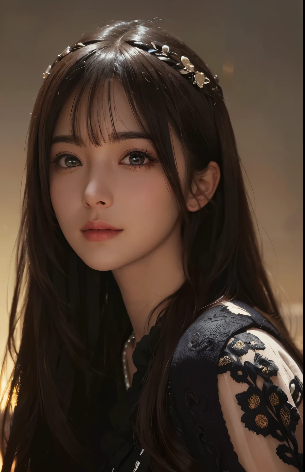 (Ultra Realistic), (Illustration), (Increased Resolution), (8K), (Extremely Detailed), (Best Illustration), (Beautiful and Detailed Eyes), (Best Quality), (Ultra Detailed), (Masterpiece ), ( wallpaper), (detailed face), solo, 1 girl, looking at viewer, fine details, detailed face, in the dark, deep shadows, low key, pureerosfaceace_v1, smiling, long hair, black shawl straight hair , 46 points oblique bangs