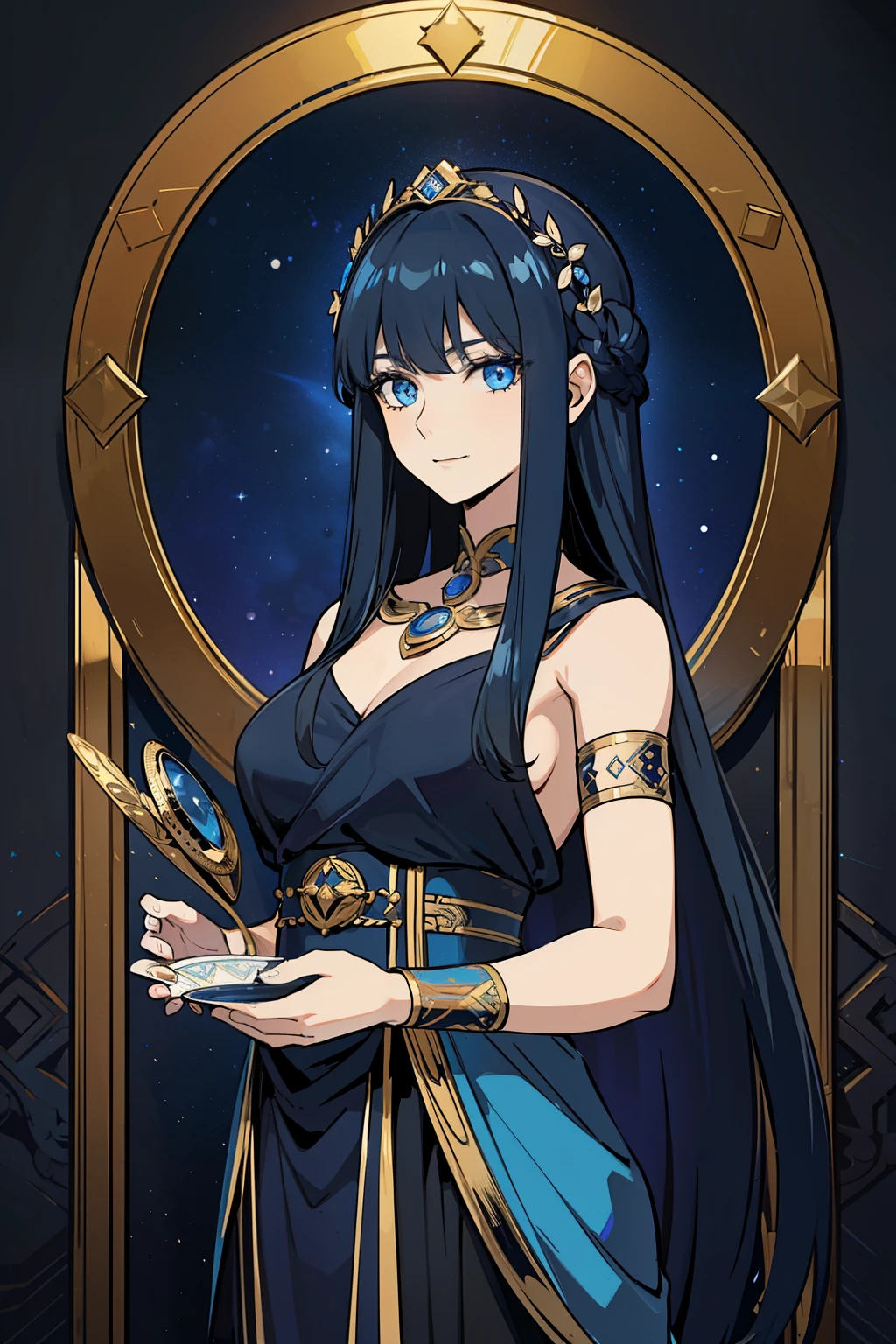 (high-quality, breathtaking),(expressive eyes, perfect face) 1girl, girl, solo, adult, pure white hair like starlight with blue lightings, glowing hair, constellations on skin, stars in hair, long black dress, sleeveless, armband on left arm, dark blue coloured eyes, stylised hair, gentle smile, long length hair, loose hair, side bangs, soft wavey hair, looking at viewer, portrait, ancient greek clothes, blue black and tunic, greek, blue and black sash, darkness inspired background, related to Nyx, elegent, regal, beautiful, a shaul of darkness decorated with stars, Greek Myth, soft make up, cosmos, starlight, goddess of the night, row of skulls on a shelf in the background
