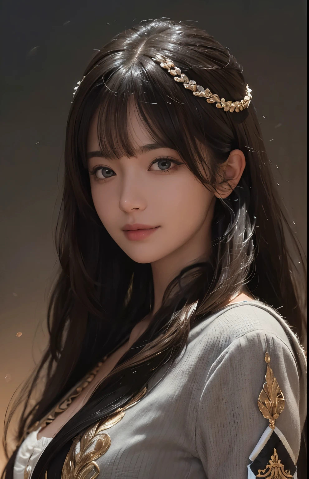 (Ultra Realistic), (Illustration), (Increased Resolution), (8K), (Extremely Detailed), (Best Illustration), (Beautiful and Detailed Eyes), (Best Quality), (Ultra Detailed), (Masterpiece ), ( wallpaper), (detailed face), solo, 1 girl, looking at viewer, fine details, detailed face, in the dark, deep shadows, low key, pureerosfaceace_v1, smiling, long hair, black shawl straight hair , 46 points oblique bangs