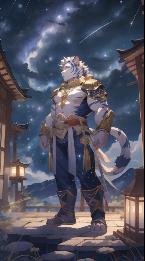 (by empty ghost, by thebigslick, by dark gems, by honowy), Kogenta (Onmyoji Oyamaji Temple), HD photos, perfect anatomy, Anthropomorphic white tiger, male, 20 years old, gods, Light blue stripes, strong body, Large pecs, pink milk clusters, medium bulge, 他...