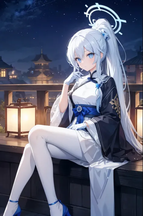 slim and thin figure，a subtle laugh，white single ponytail hair，blue eyes，there is also a blue light in the eyes，blue eyes中有白色的瞳仁...