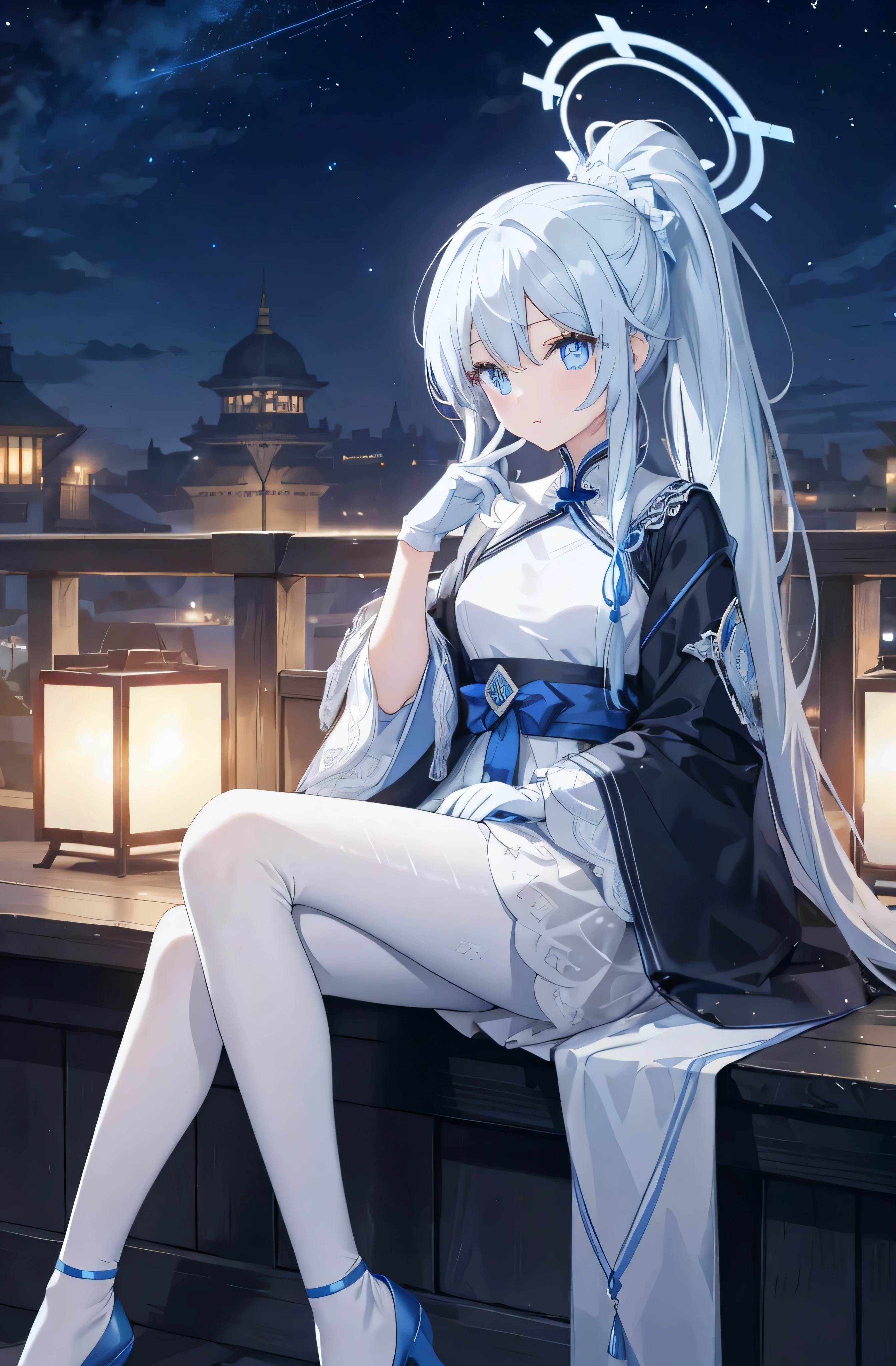 Thin and skinny figure，subtle laughter，White single ponytail hair，blue eyes，There is also a blue light in the eyes，blue eyes中有白色的瞳仁，shiny pupils，female hands，newbie，normal finger，Normal human fingers，blue aura，The aura is blue，Polyhedral pattern in halo，Wear white pantyhose，Wearing white lace gloves，female hands，newbie，normal finger，Normal human fingers