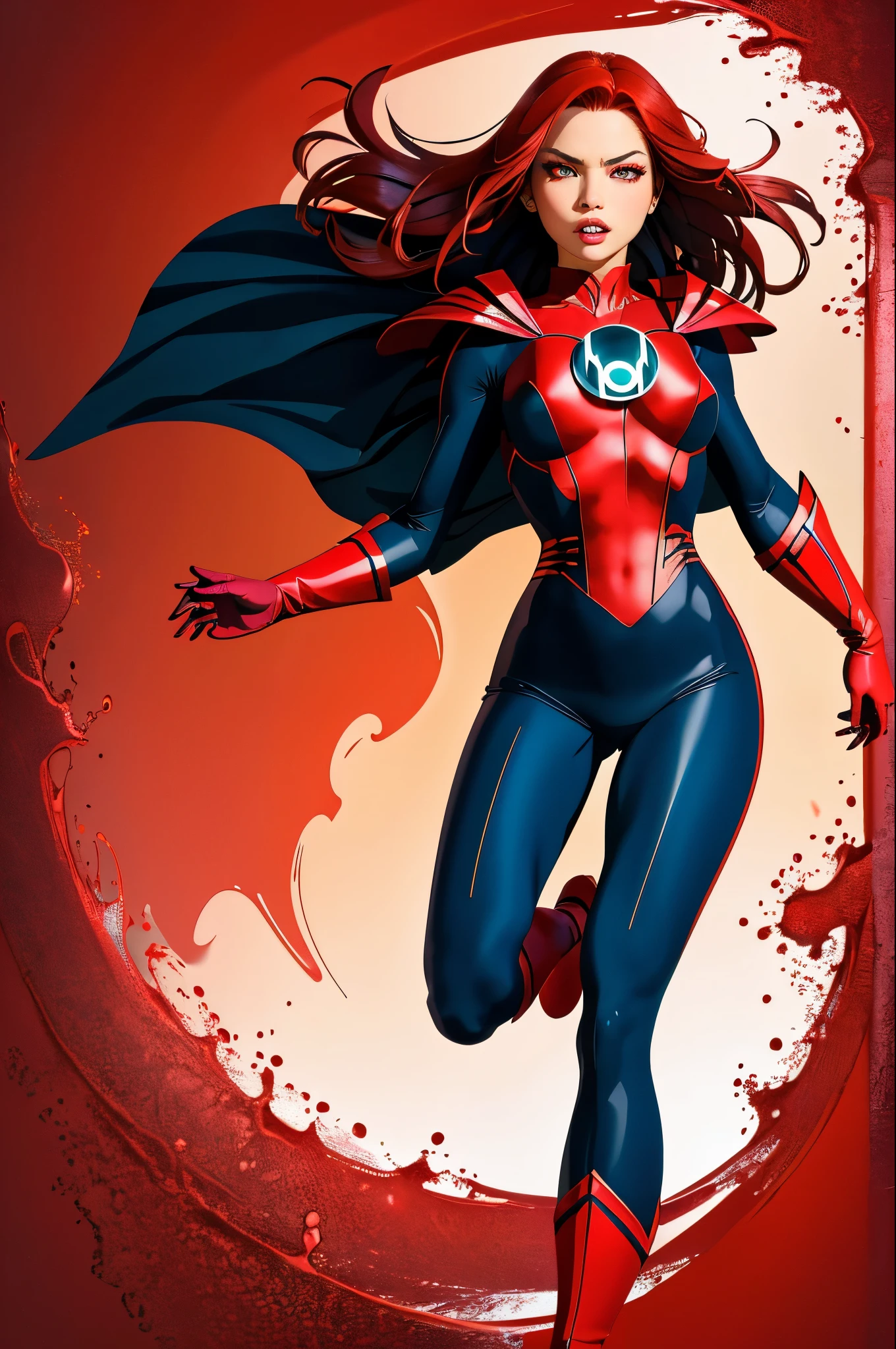 masterpiece, 4k resolution, Hyper realistic, best quality, 1girl, red  haired, teal red bloody eyes, perfect body, big , amazing red eyes, red lantern costume, destructive background, 