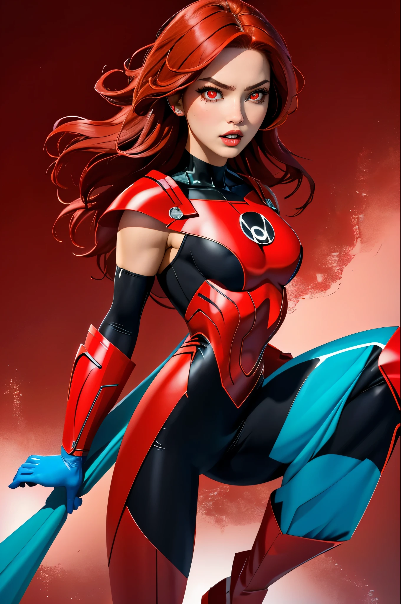 masterpiece, 4k resolution, Hyper realistic, best quality, 1girl, red  haired, teal red bloody eyes, perfect body, big boobs, amazing red eyes, red lantern costume, destructive background, 