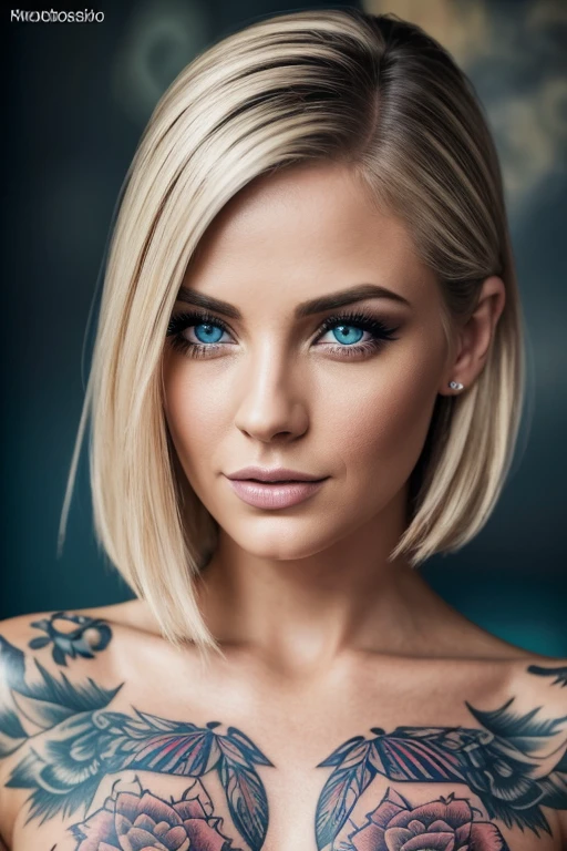 (best quality,4k,8k,highres,masterpiece:1.2),ultra-detailed,(realistic,photorealistic,photo-realistic:1.37),beautiful detailed eyes,beautiful detailed lips,extremely detailed face,long eyelashes,35 year old tattooed girl,blonde bob hair,blue eyes,full breasts,edgy style,high-resolution photography,soft focus,studio lighting,vibrant colors,subtle but noticeable tattoos,stylized background,fierce expression,confident posture