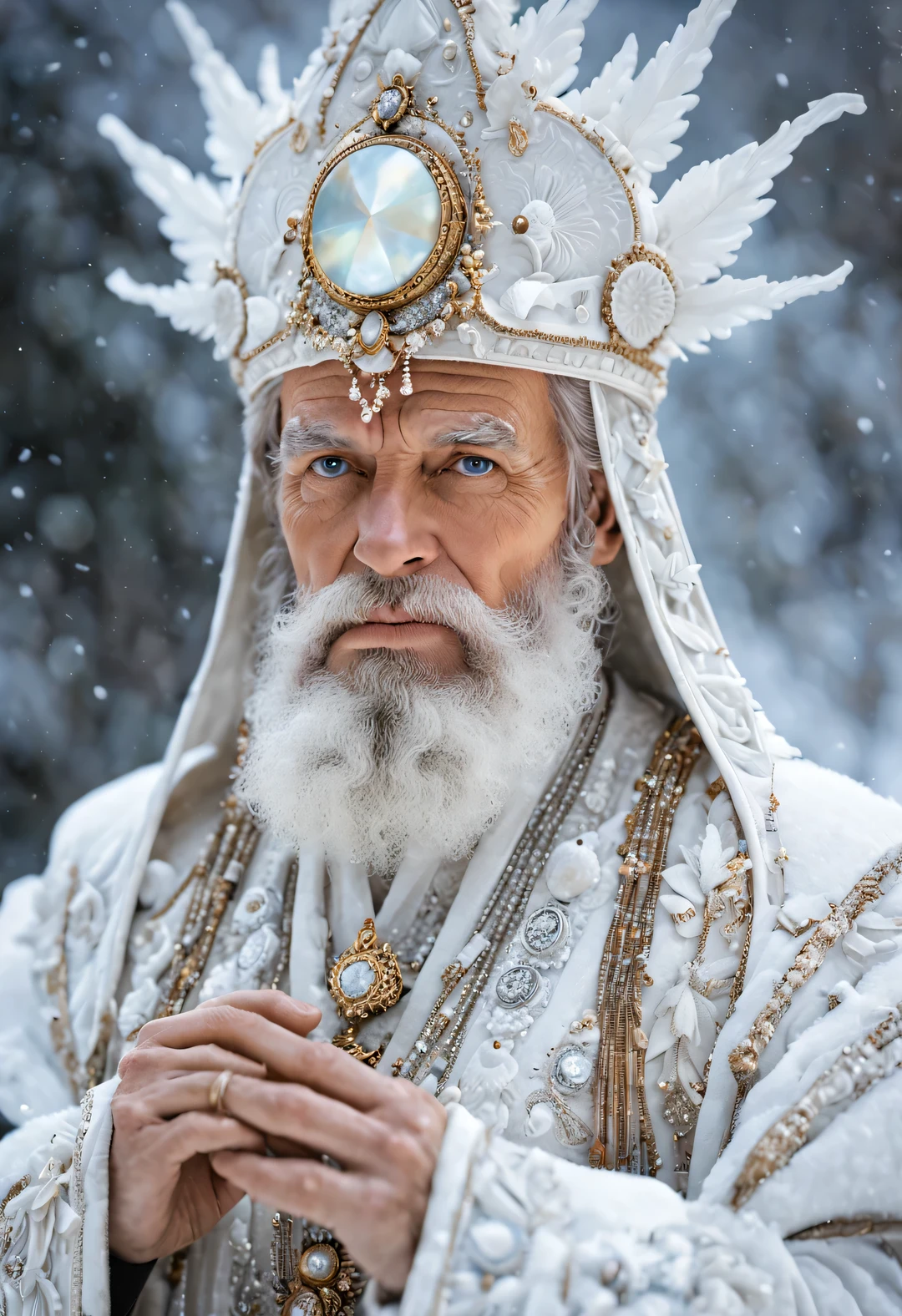 James Christensen, style, portrait oF Snow God, Exquisite details, 30 megapixels, 4K, 85mmレンズ, clear Focus, intricate details, long exposure time, F/8, ISO 100, Shutter speed 1/125, diFFuse backlight, Winning photo, Face-to-Face camera, Gaze at the camera, monochrome, she, small-catchlight, low contrast, high deFinition, Facial symmetry, depth oF Field, prime time, ultra Fine photography, Shiny metal surFace with complex rotating mother oF pearl inlay, Ray tracing, Global Illumination - v4-ar2:3