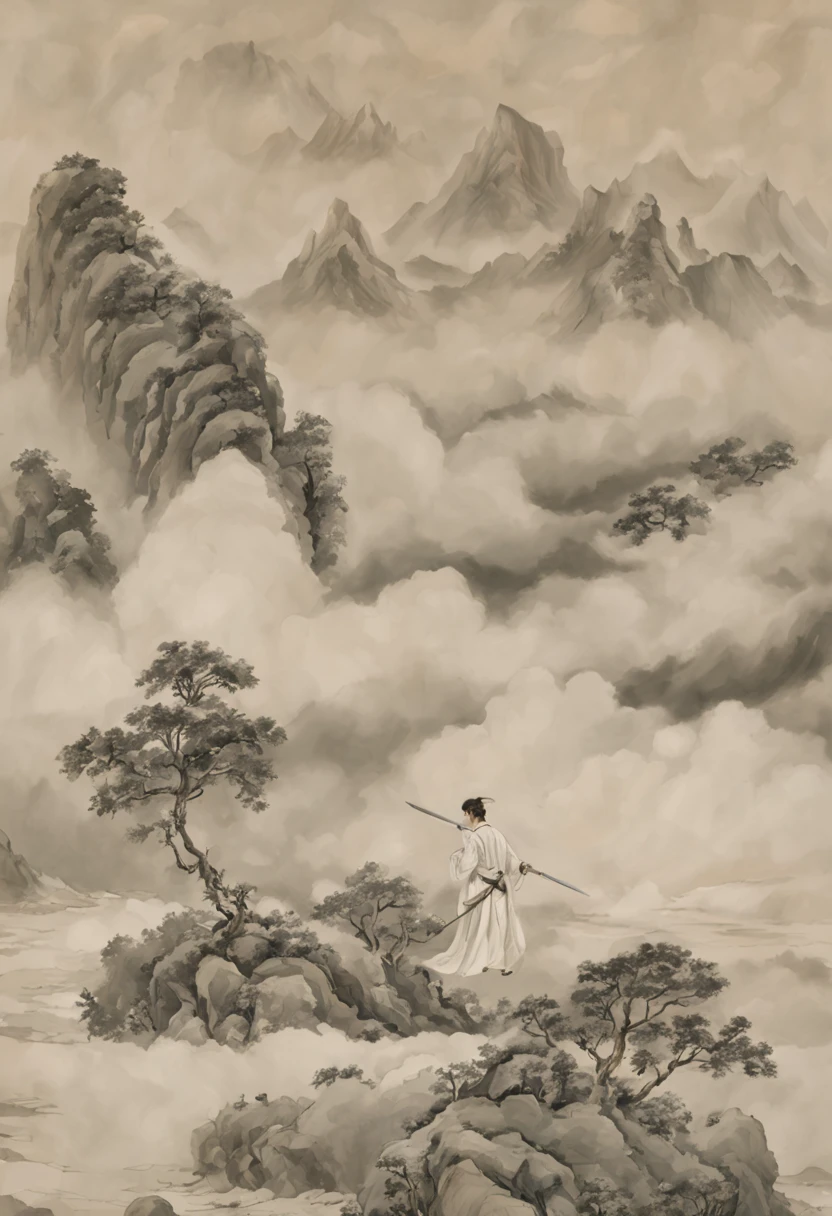 Mountains and flowing water，Sea of clouds and fog，The young man in white walks with his sword behind his back