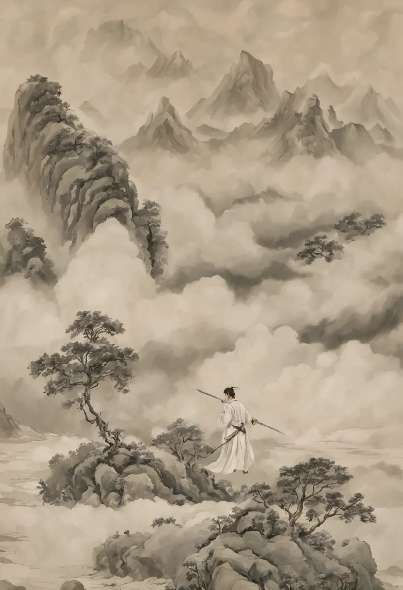 mountains and flowing water，sea of clouds and fog，the young man in white walks with his sword behind his back