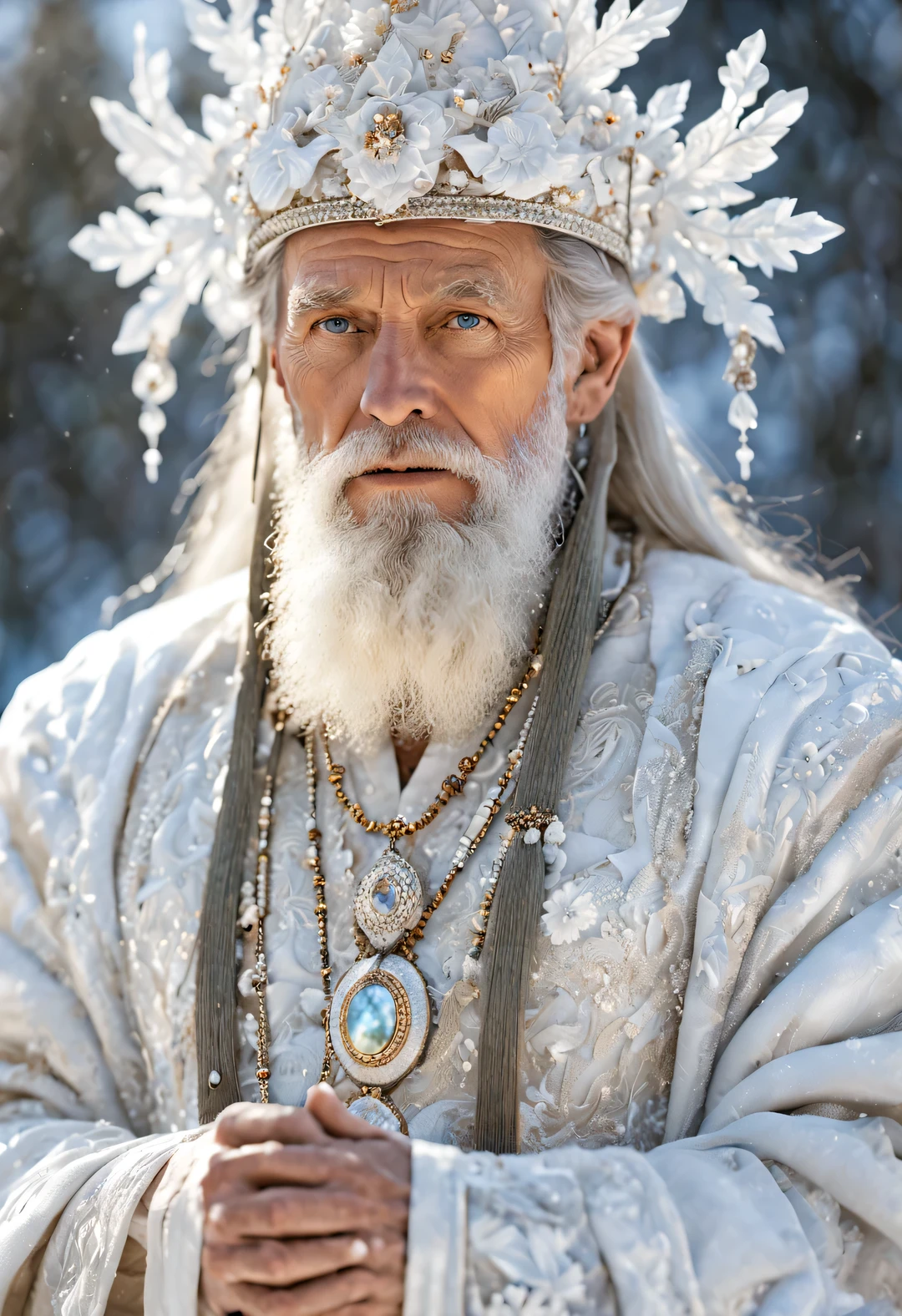 James Christensen, style, portrait oF Snow God, Exquisite details, 30 megapixels, 4K, 85mmレンズ, clear Focus, intricate details, long exposure time, F/8, ISO 100, Shutter speed 1/125, diFFuse backlight, Winning photo, Face-to-Face camera, Gaze at the camera, monochrome, she, small-catchlight, low contrast, high deFinition, Facial symmetry, depth oF Field, prime time, ultra Fine photography, Shiny metal surFace with complex rotating mother oF pearl inlay, Ray tracing, Global Illumination - v4-ar2:3