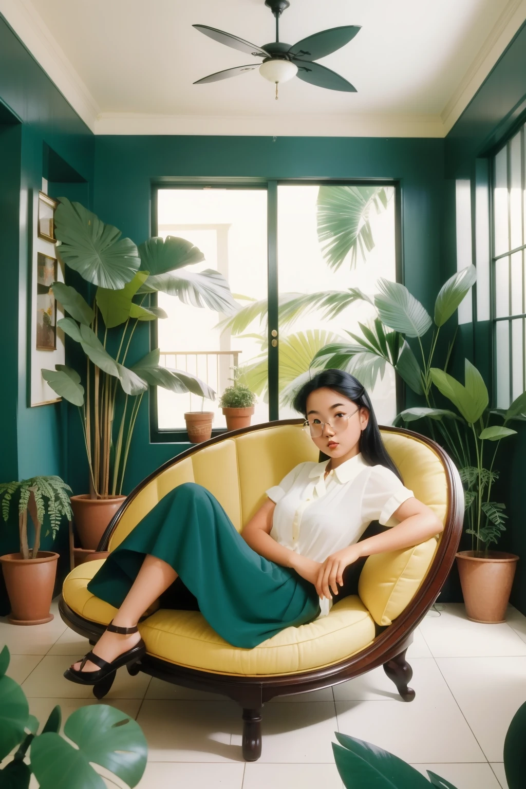 In the whimsical atrium of a coastal Victorian mansion in the 1990s, a fourteen-year-old Asian girl, with a cascade of glossy black hair and round glasses, lounges on a vintage chaise longue, engrossed in a well-worn detective novel, surrounded by potted ferns and rattan furniture.