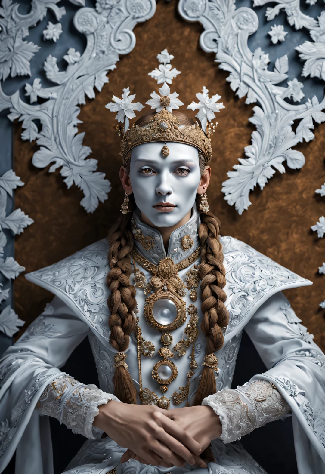 James Christensen, style, portrait oF Snow God, Exquisite details, 30 megapixels, 4K, 85mmレンズ, clear Focus, intricate details, long exposure time, F/8, ISO 100, Shutter speed 1/125, diFFuse backlight, Winning photo, Face-to-Face camera, Gaze at the camera, monochrome, she, small-catchlight, low contrast, high deFinition, Facial symmetry, depth oF Field, prime time, ultra Fine photography, Shiny metal surFace with complex rotating mother oF pearl inlay, Ray tracing, Global Illumination - v4-ar2:3