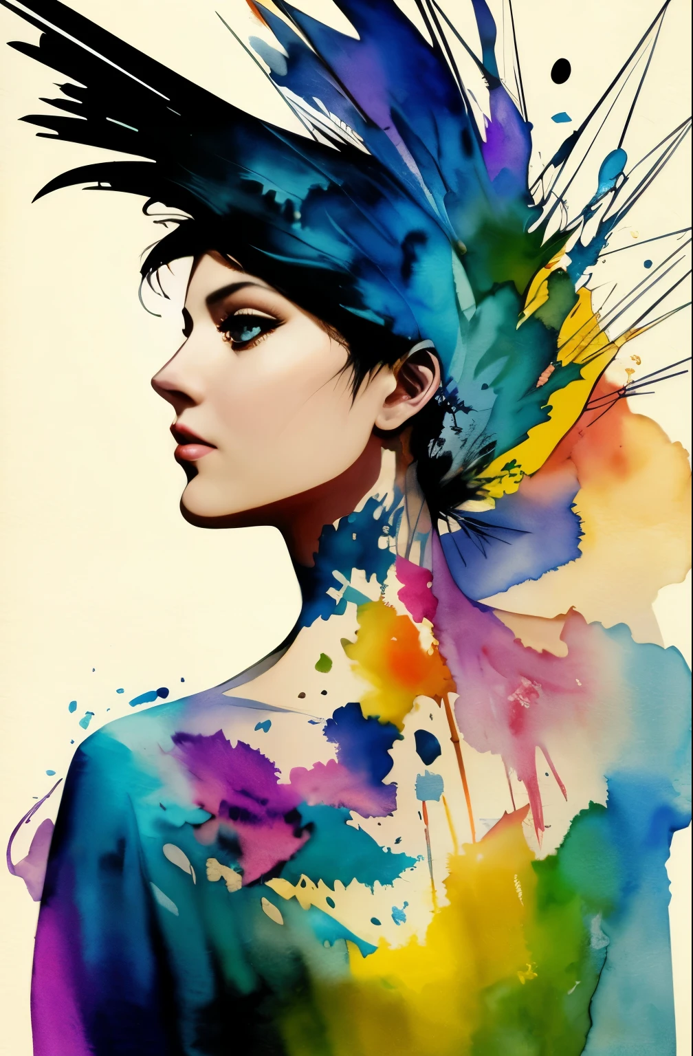 painting of woman, tumbler, figurative art, Intense watercolor painting, watercolor detailed art, Watercolor Splash, surreal, Avant-garde pop art, Beautiful and expressive paintings, Beautiful artwork illustration, very colorful tones, wonderful, birdland lullaby, cool beauty, highest quality,official art, women only, sharp outline, best shot, vector art, Written by Sandra Chevrier, Dave McKean、by Richard Avedon、Written by Makiezi Kusiala, luminous design