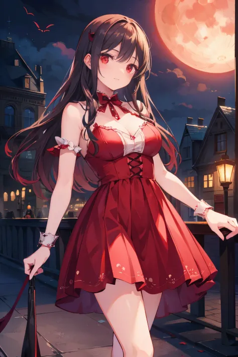 (((Top quality and highly detailed photorealism)))，((Vampire Woman: Red Eyes、Very ),(Walk gracefully along bustling  boulevards)...