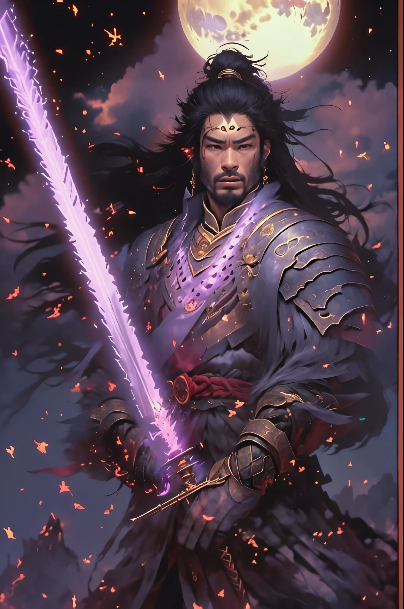 arafed image of a man with a sword and a full moon, by Yang J, g liulian art style, chengwei pan on artstation, epic exquisite character art, inspired by Guan Daosheng, by Wuzhun Shifan, epic fantasy digital art style, picture of an adult male warrior, by Yang Jin, zhao yun, 4K, 8k, 16k