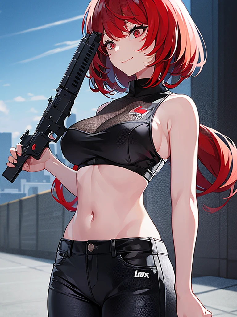 ((masterpiece)), ((best quality)), ((highres)), 1girl, solo, black sleeveless jacket , red sport bra , transparent bra , black jeans , city backdrop, (holding and aiming pistol, detailed pistol, glock 22, trigger discipline), standing, medium hair, (red hair, loose), (red eyes), large breasts 