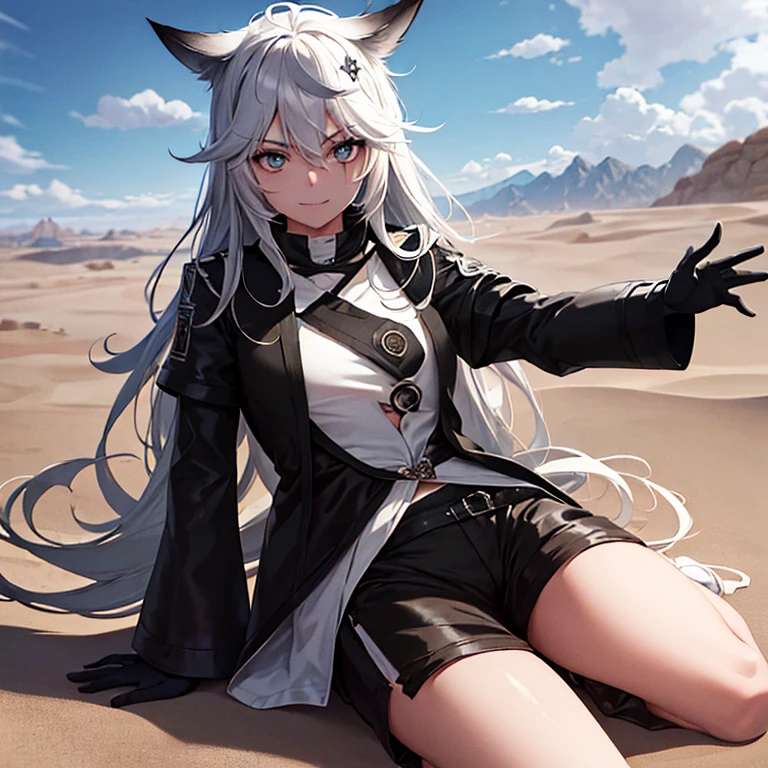 Ultra high quality, masterpiece, well detailed, Girl, by white, fox ears, black military clothing, relaxed expression, standing, desert scenery, grey eyes, low perspective, reflexes, detailed sun