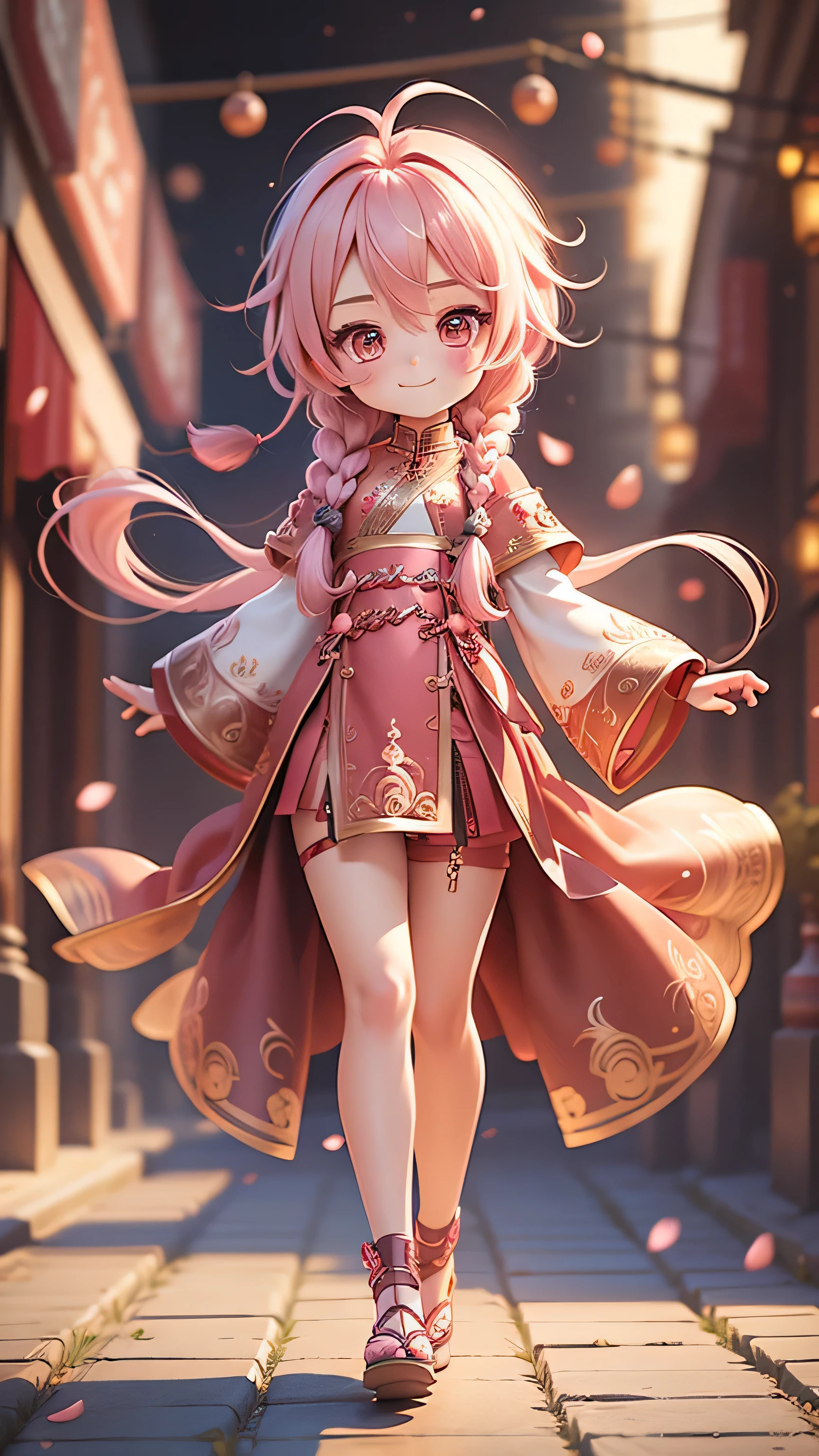 1 girl, pink hair, long hair, half braided hair, dress, delicate eyes, whole body, alone, chibi, new year atmosphere, embroidered shoes, Smile, stand