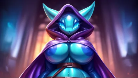 (best quality,4k,8k,highres,masterpiece:1.2),ultra-detail,very massive breasts,very thicc,furry,solo,deep pearlescent slime girl,deep pearlescent slime body,huge furry ears,long slimy tail,pearlescent cloak, pearlescent shirt, pearlescent hood,belt with po...