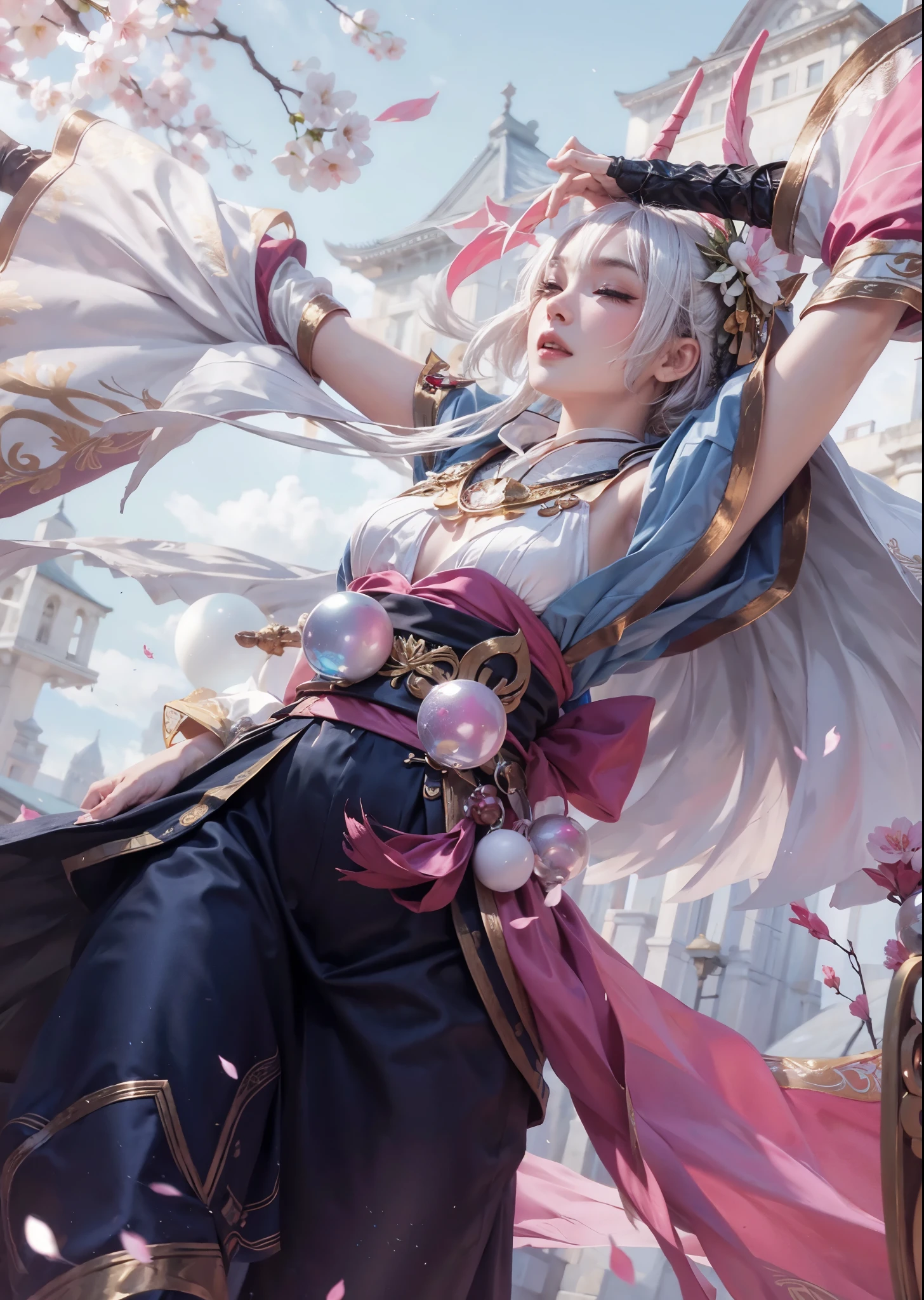 (Realistic), Texture, À la Fed woman in kimono,(White short hair), (closed eyes), Winged eyeliner, European makeup, mascara,(bronze skin), 4 crystal balls,South Americans , Colorful horns on head, Onmyoji,Cherry blossoms fluttering