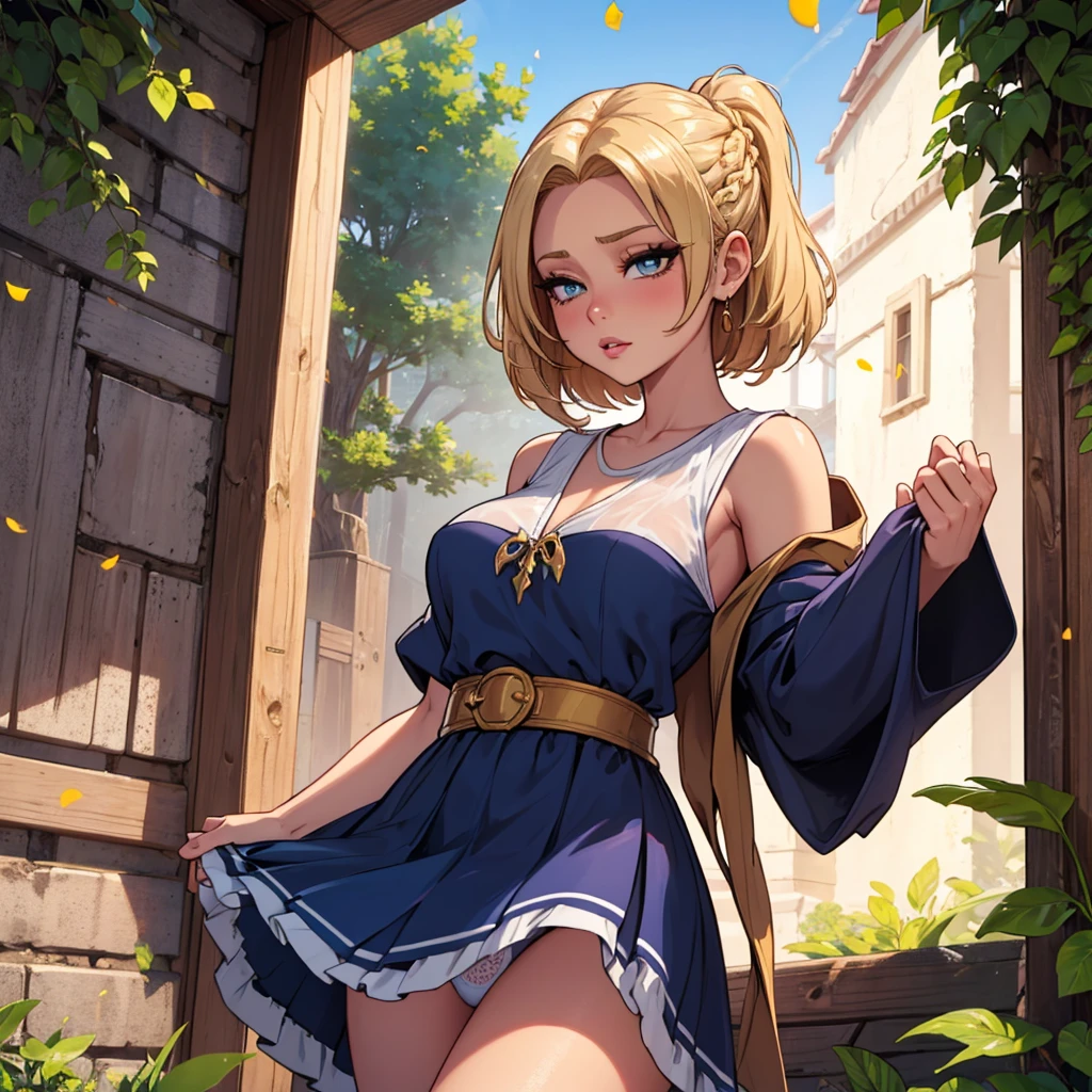 Tsunade Senju, portrait, beautiful cute woman, amorous expression, lewd expression, ecstasy, orgasm, blonde braided bangs iridescent short hair, gold sparkling big eyes, red alluring moist big thick lips, medium breasts, slender, perfect proportion, long thin legs, navy blue and white girly ruffle dress, skirt lift, white panty, white knee high socks, thighs, background fantasy, a hill with a large tree full of fresh greenery, that emits fantastic light, light particles, light sparkles, petals, scatter gold and silver glitter and confetti, iridescent light particles, detailed and delicate depiction, professional lighting