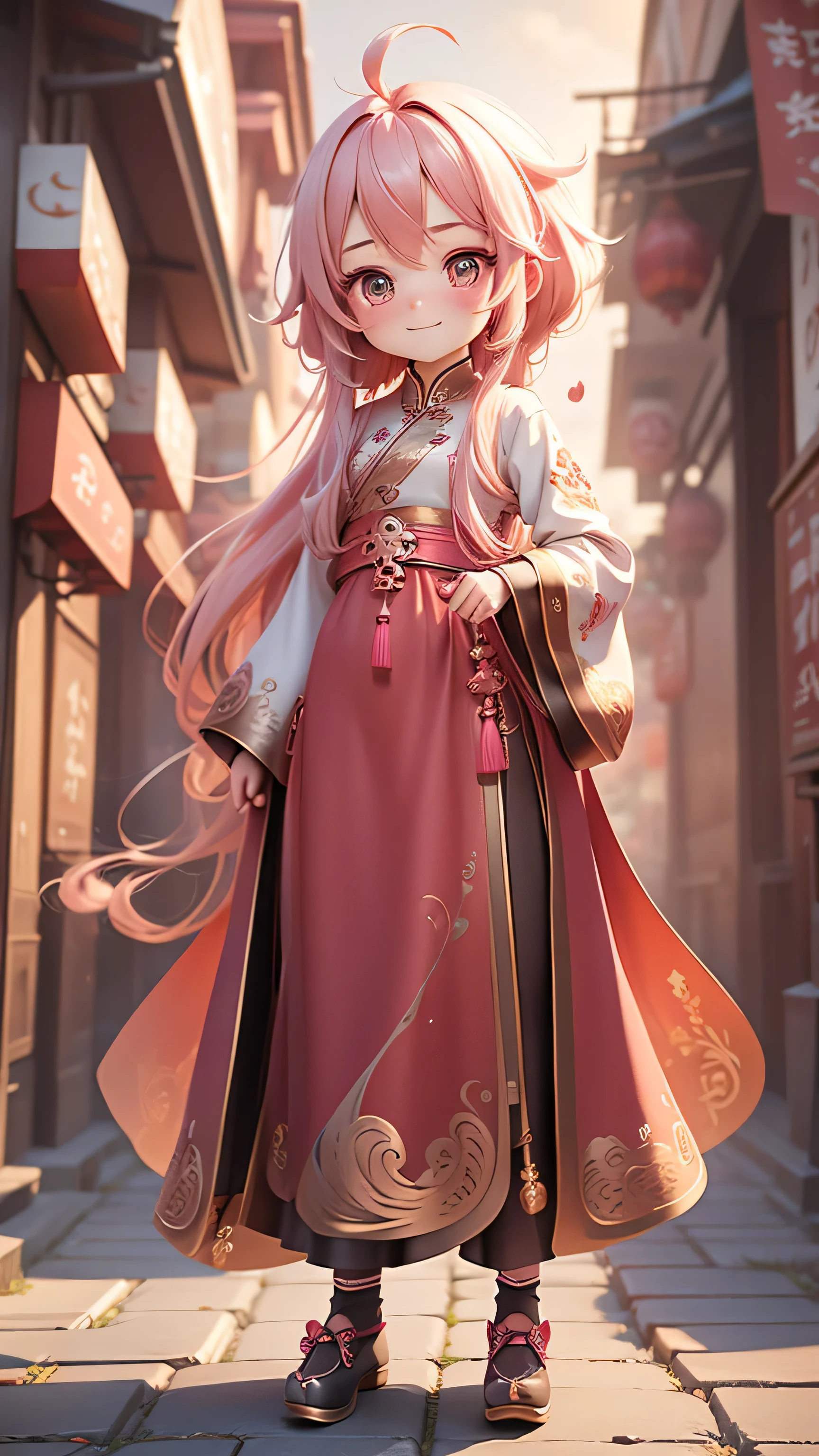 1 girl, pink hair, long hair, 半扎long hair, dress, delicate eyes, whole body, alone, chibi, new year atmosphere, embroidered shoes, Smile, stand