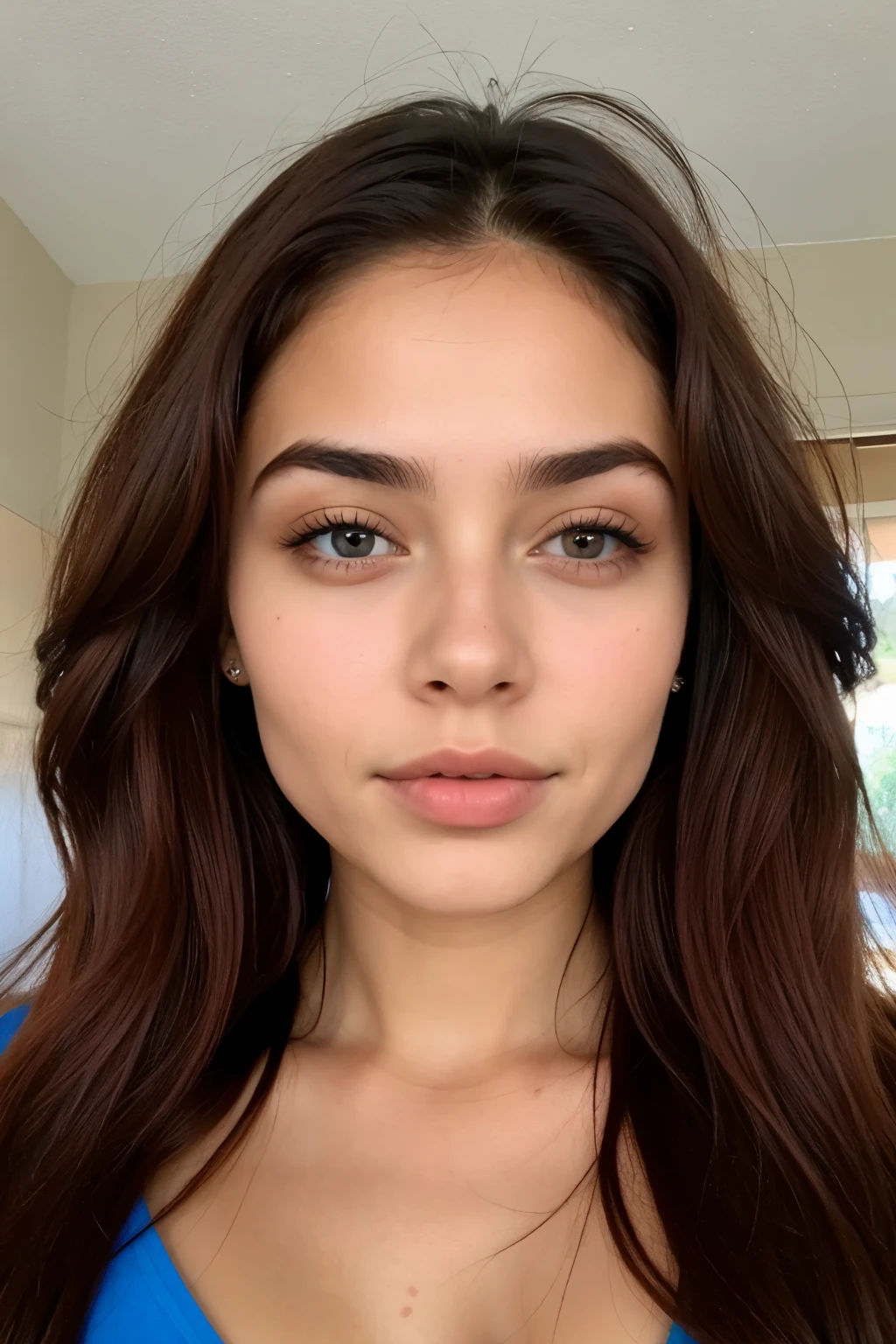 A close up of a woman with long brown hair and a blue top - SeaArt AI