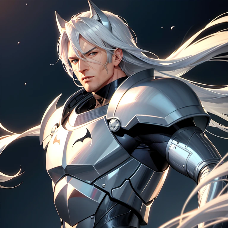 Gojo Satoru, solo figure, blue eyes gleaming with intense focus, white hair flowing in the wind, muscular build clad in a Batman suit, enhanced physique, oversized breasts, realistic and intricately designed Batman armor, high-tech gadgets integrated into the suit, dynamic lighting illuminating every contour, sharp focus capturing every detail, resolved expression, intense gaze, hyper-realistic rendering, detailed textures, Ultra-high definition image output.