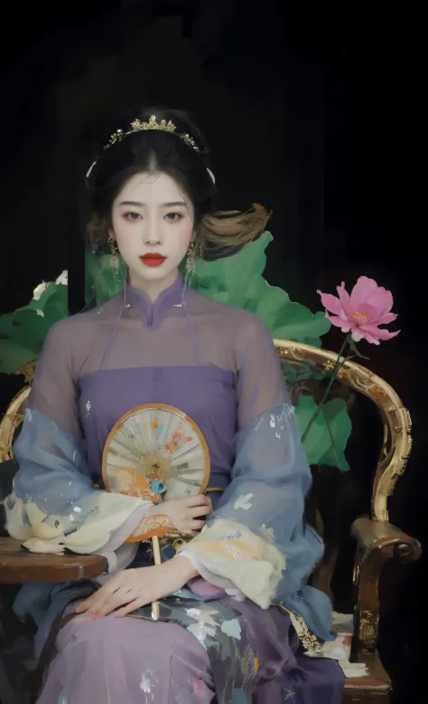 wears purple translucent，fide woman in gauze dress sits on chair，拿着folding fan, queen of china, palace ， a girl wearing hanfu, c...