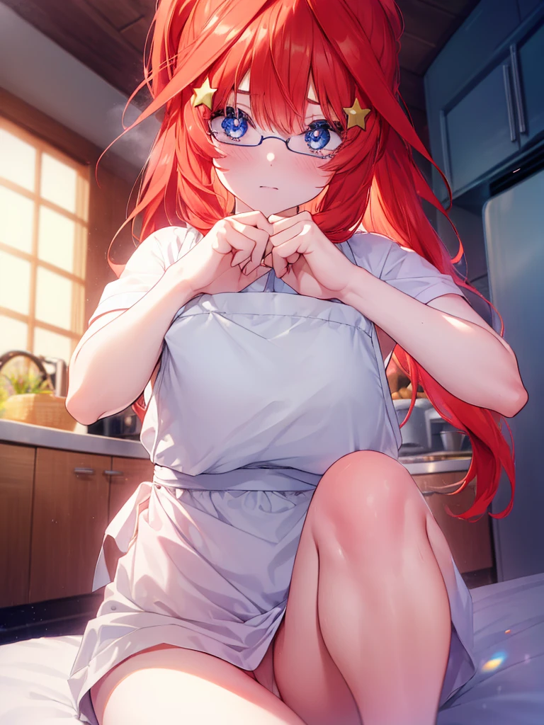 Satsuki Nakano, Itsuki Nakano, bangs, blue eyes, hair between eyes, Ahoge, redhead, star \(symbol\), row ponytail,hair ornaments, star hair ornaments ,red glasses, naked apron,barefoot,Grabbing the hem of the apron with both hands,blush,embarrassing,kitchen,highest quality, High resolution, unity 8k wallpaper, (shape:0.8), (beautiful and detailed eyes:1.6), highly detailed face, perfect lighting, Detailed CG, (perfect hands, perfect anatomy),