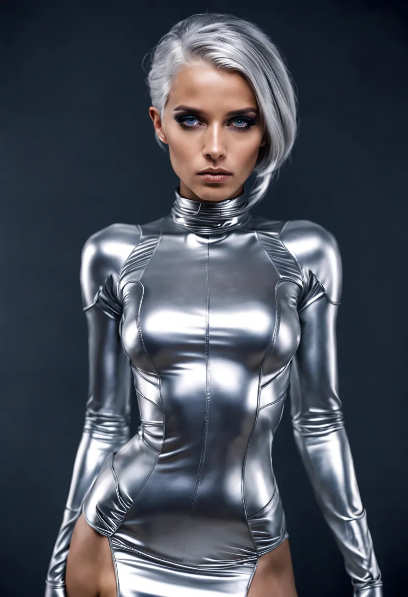 arafed statue of a woman wearing a silver dress and silver tie, futuristic look, fashionable futuristic woman, futuristic style,...