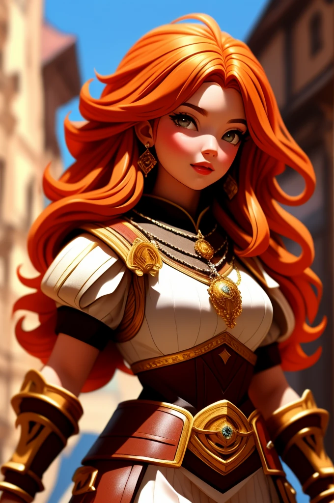 anime, detailed, depth of field, sunny, ginger hair, barbarian female, medieval time, looking up, careful, serious look, front view, medieval city background