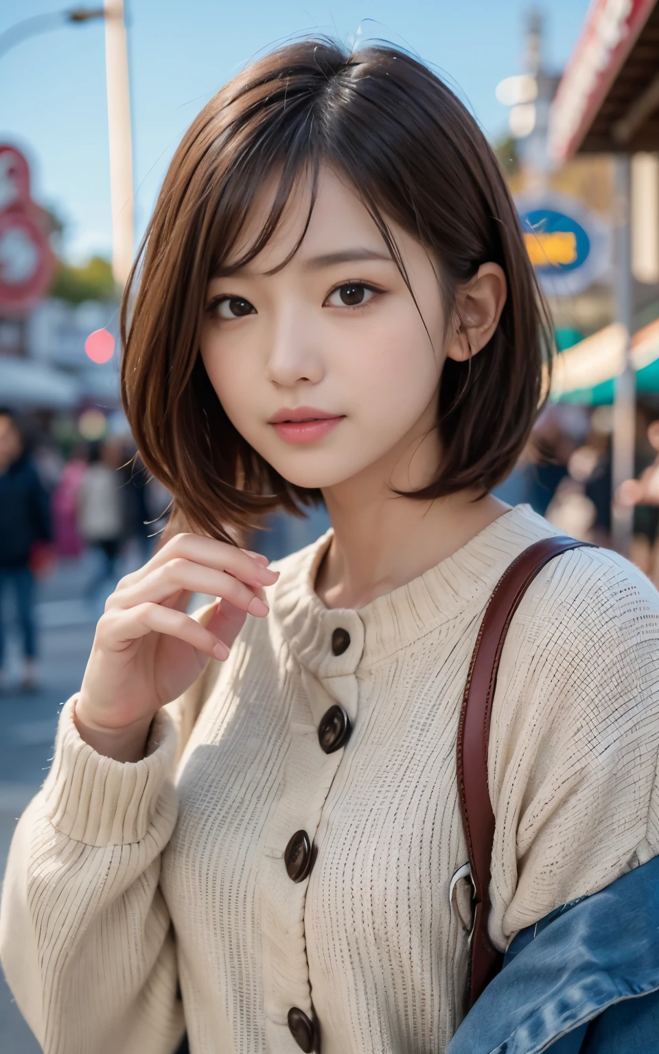 cute 21 year old japanese、amusement park、Clear skies、super detail face、pay attention to details、double eyelid、beautiful thin nose、sharp focus:1.2、Beautiful woman:1.4、(light brown hair,short hair、),pure white skin、highest quality、masterpiece、ultra high resolution、(Photoreal:1.4)、Highly detailed and professional lighting、nice smile、Show the whole body、Cute winter clothes、