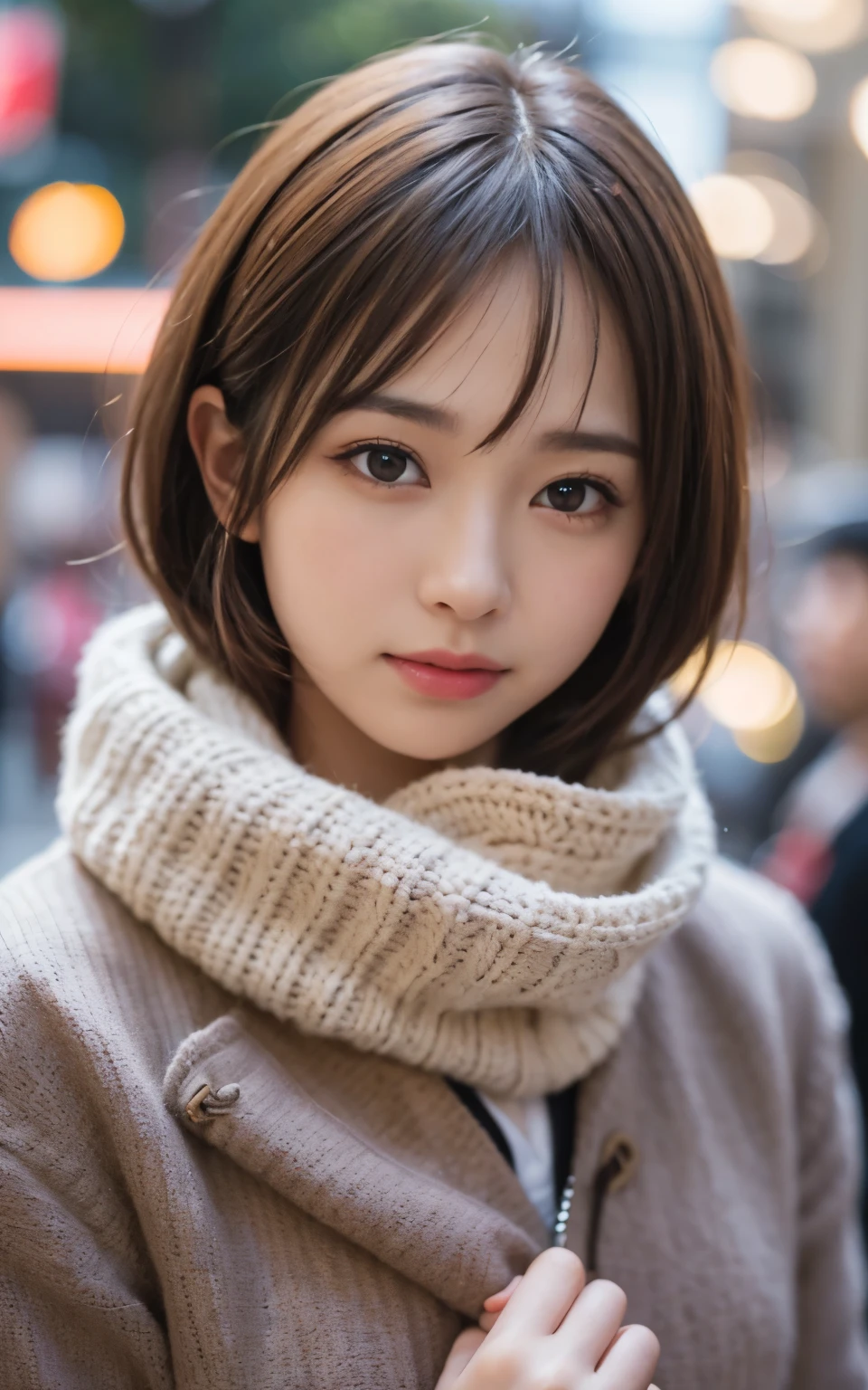 cute 21 year old japanese、amusement park、Clear skies、super detail face、pay attention to details、double eyelid、beautiful thin nose、sharp focus:1.2、Beautiful woman:1.4、(light brown hair,short hair、),pure white skin、highest quality、masterpiece、ultra high resolution、(Photoreal:1.4)、Highly detailed and professional lighting、nice smile、Show the whole body、Cute winter clothes、