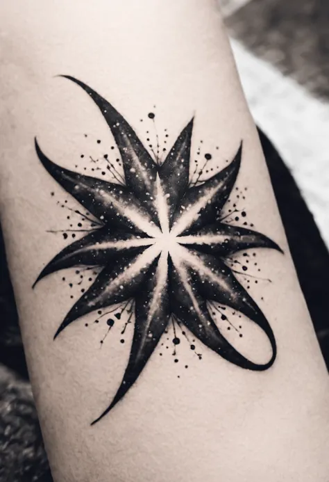 A little elbow tattoo, black, star shape, abstract, represented by the  lyrics - SeaArt AI